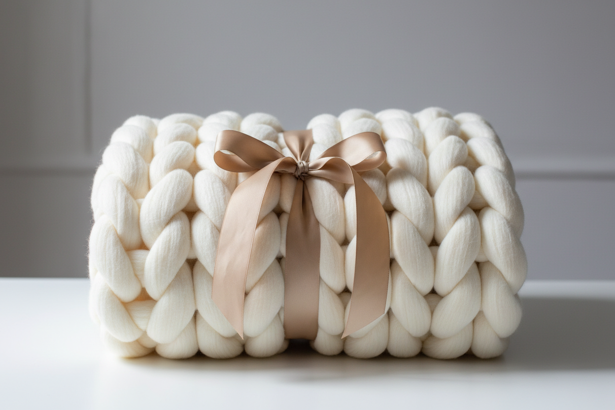 custom large yarn blanket folded with bow 