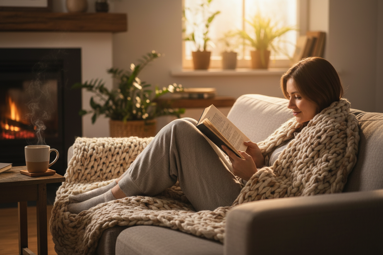 girl wrapped in chunky knit blanket reading book with coffee
