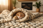 orange cat wrapped in hand-knit chunky blanket
