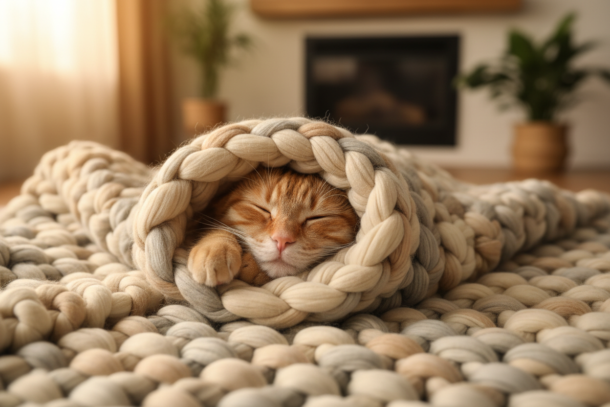 orange cat wrapped in hand-knit chunky blanket